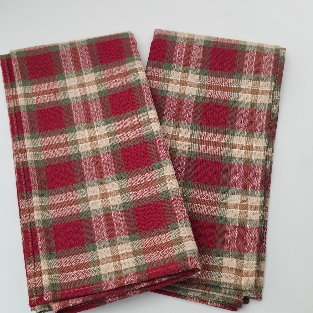 Longaberger Orchard Park Plaid Napkins Set of 2 Burgundy Tan Green Farmhouse NEW